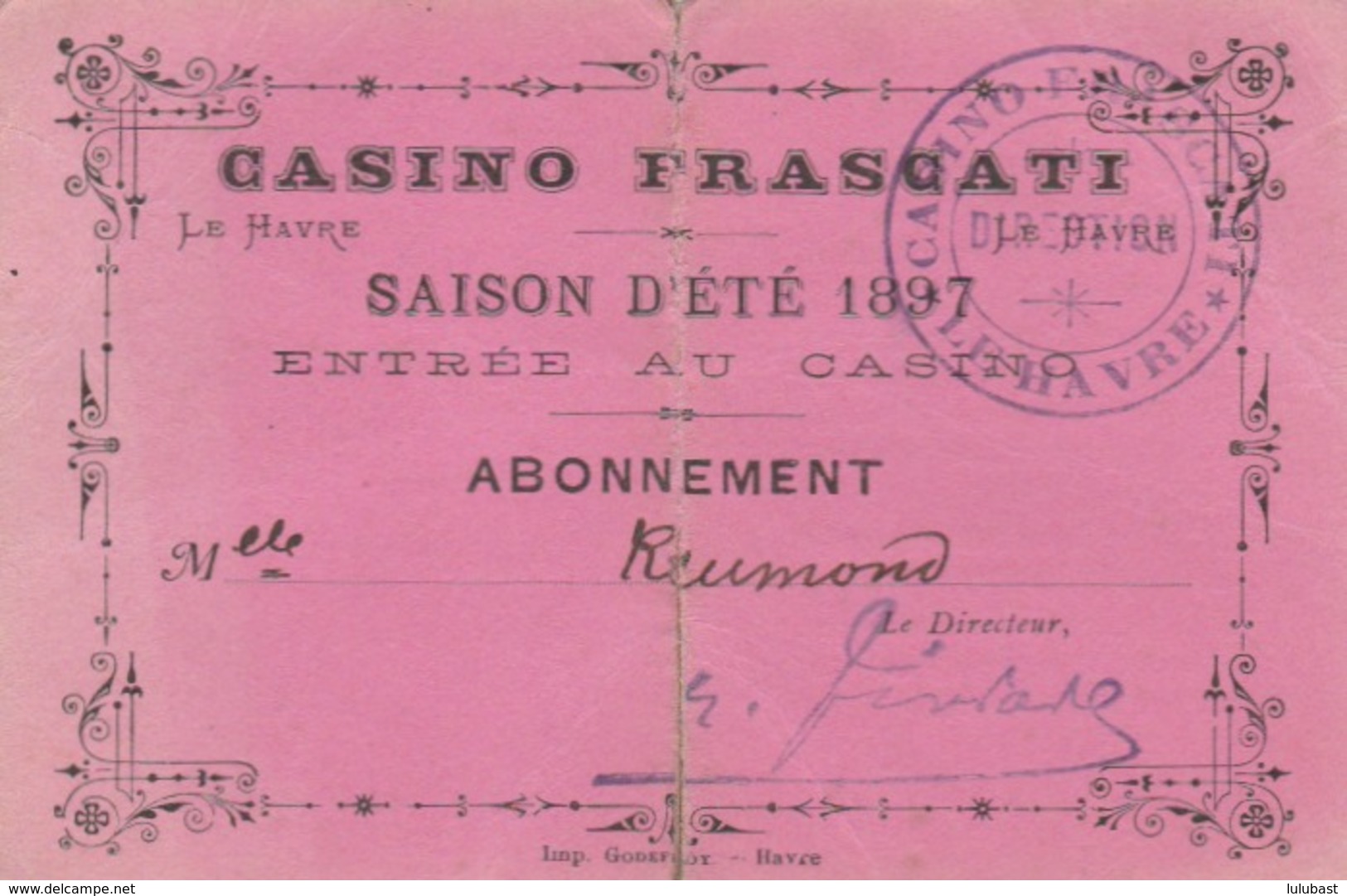 LE HAVRE : Casino FRASCATI - Carte D'entrée Pour La Saison D'été... Pour Une Demoiselle ! (peu Courant). - Biglietti D'ingresso