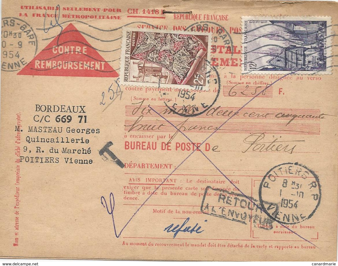 CARTE CONTRE REMBOURSEMENT 1954 AVEC 2 TIMBRES QUIMPER / TAPISSERIE - 1859-1959 Lettres & Documents