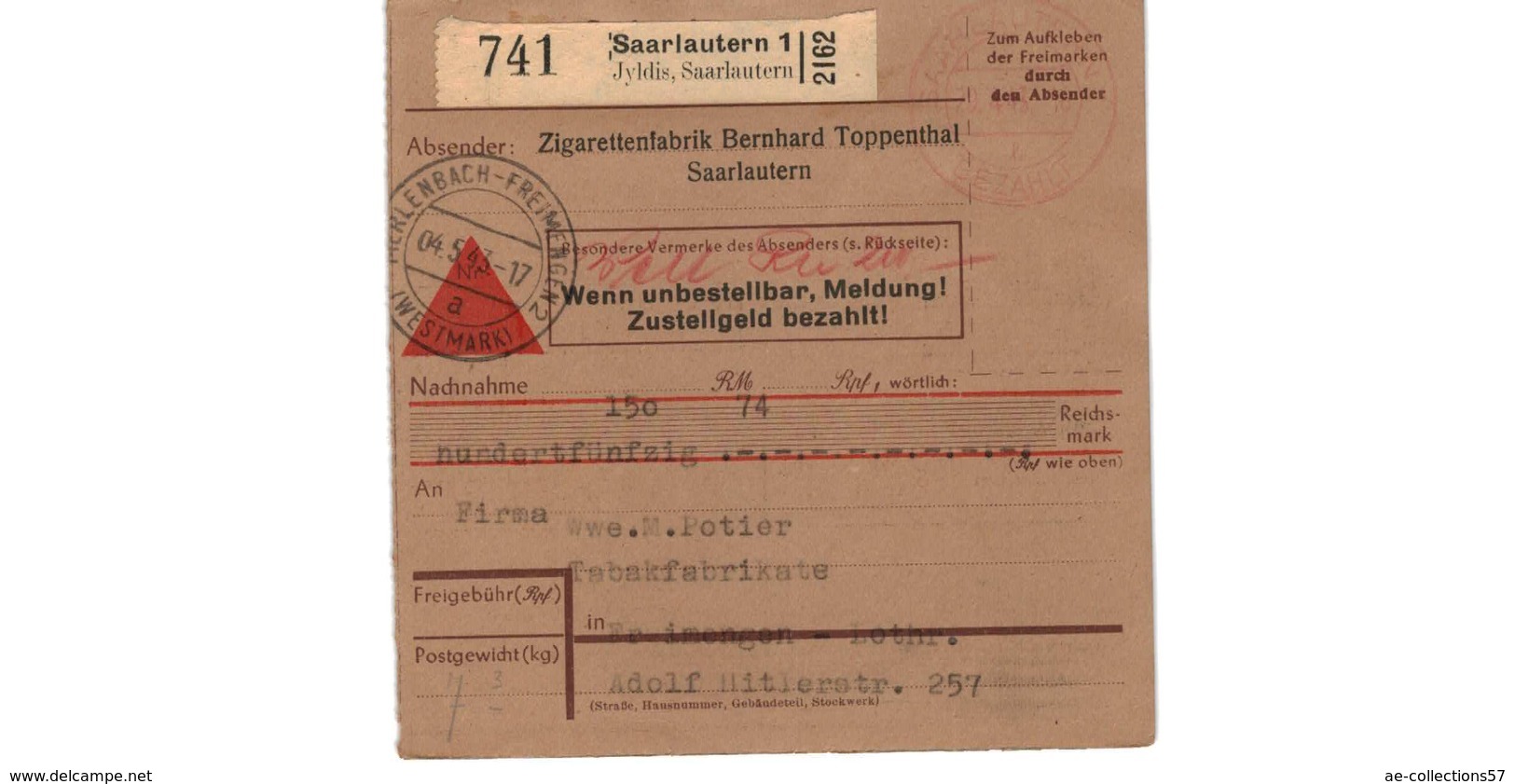 Allemagne  - Colis Postal  - Départ Saarlautern  -     Zigarettenfabrik Bernhard Toppenthal    -   4-5-43 - Lettres & Documents