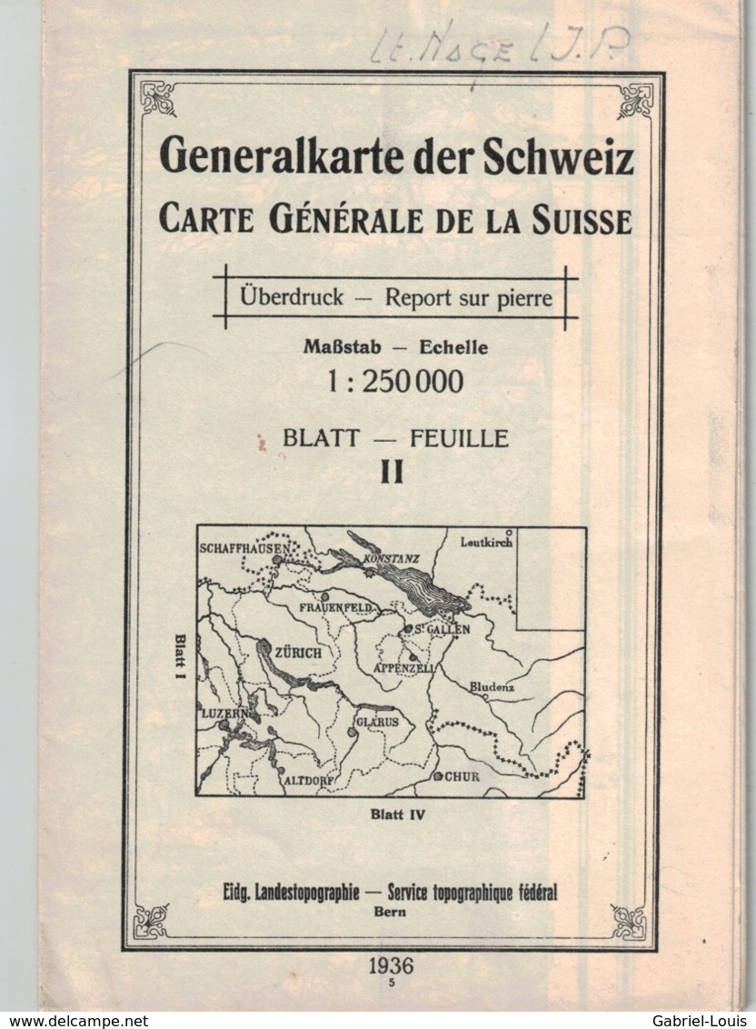 Carte Générale De La Suisse 1:250000 - Blatt II - 1936 - Zürich - St. Gallen - Bodensee - Chur - Luzern (~75 X 55 Cm) - Topographical Maps