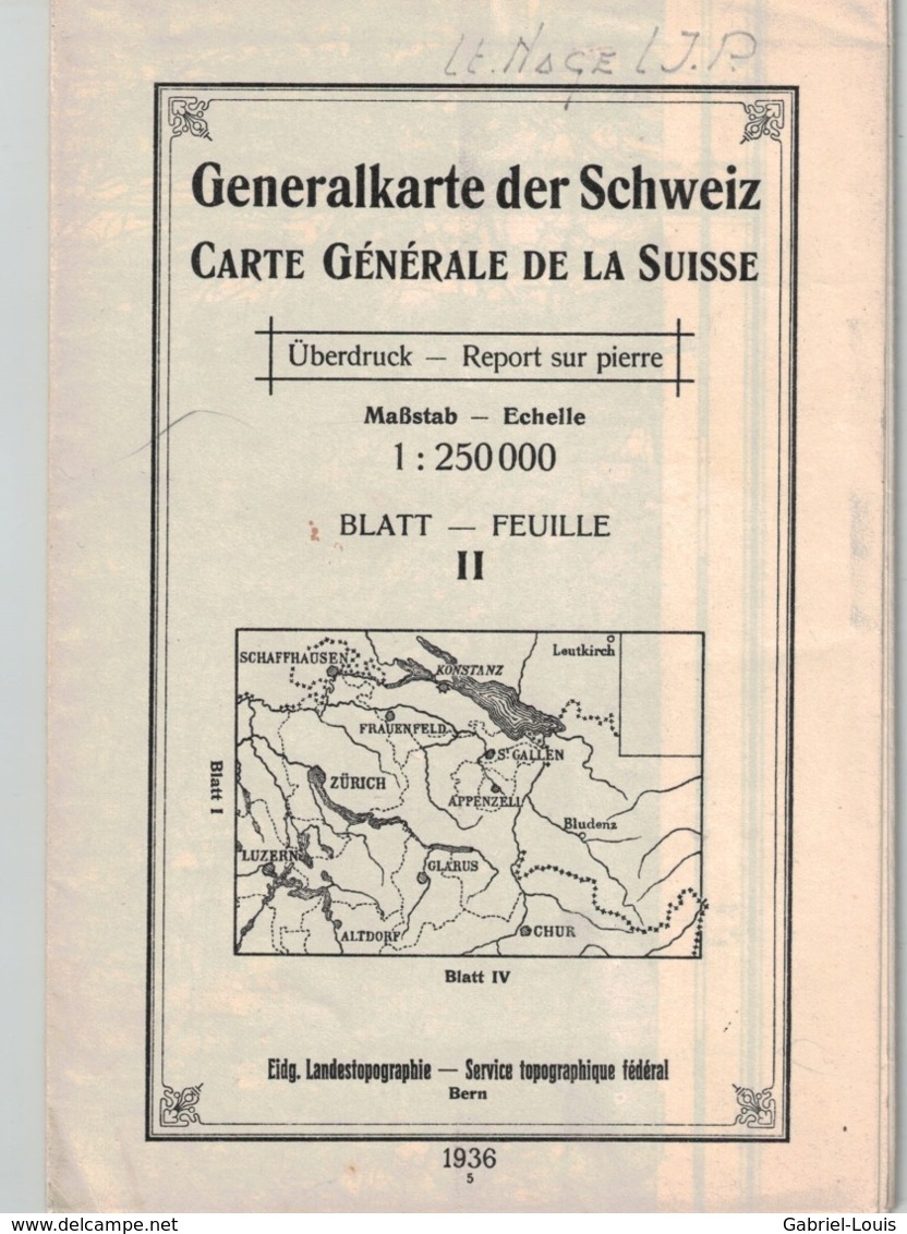 Carte Générale De La Suisse 1:250000 - Blatt II - 1936 - Zürich - St. Gallen - Bodensee - Chur - Luzern (~75 X 55 Cm) - Cartes Topographiques