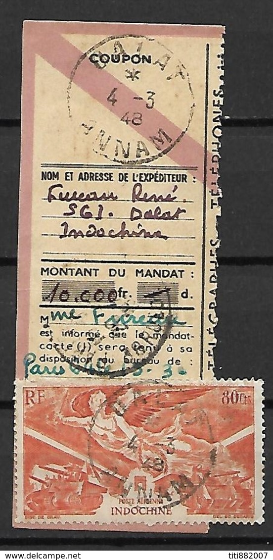 INDOCHINE     -    Poste Aérienne  -   1946 .  Y&T N° 39 Oblitéré.  Sur Coupon D'envoi De Mandat - Poste Aérienne