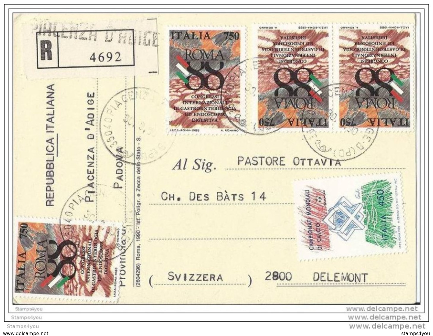 217 - 37 - Carte Recommandée Envoyée De Piacenza D'Adige En Suisse  1990 - 1981-90: Poststempel