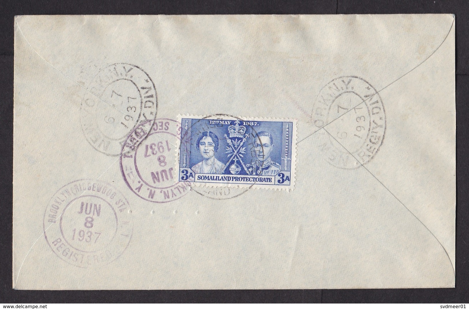 Somalia / Somaliland Protectorate: Registered Cover Berbera To USA, 1937, 3 Stamps, Coronation, Royalty (traces Of Use) - Somaliland (Protettorato ...-1959)