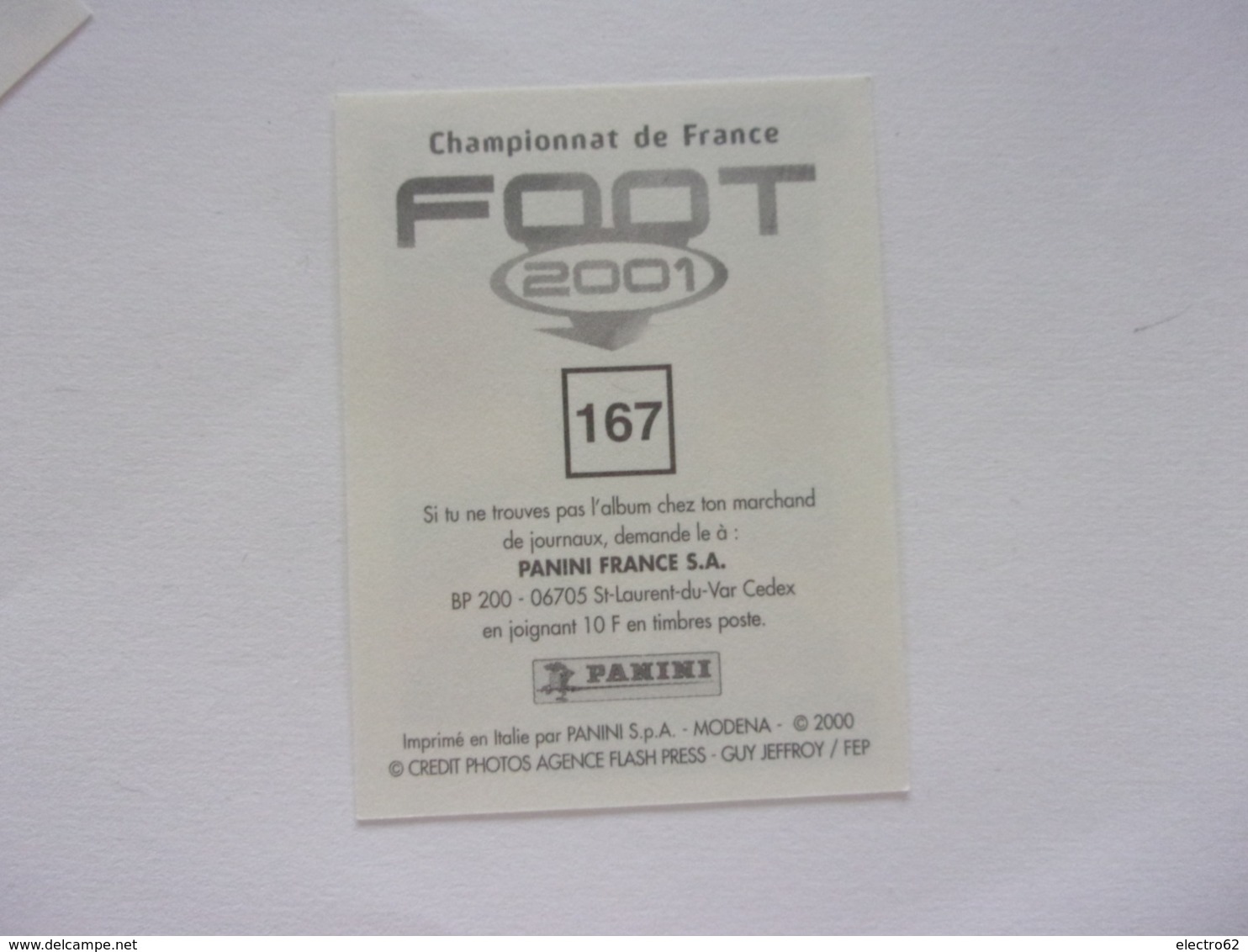PANINI FOOT 2001 N° 167 FC Metz Grégory Proment Football - Edition Française