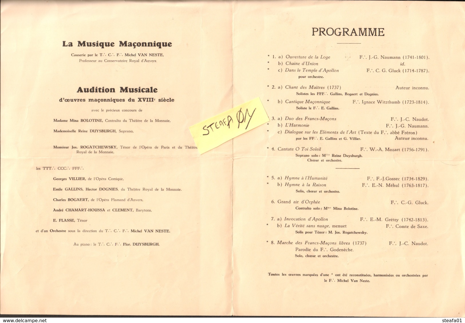 Vrijmetselarij, Franc-Maçonnerie, Les Amis Philantropes, Bruxelles, Concert Gala 31 Mai 1938, COLLECTORS - Documents Historiques