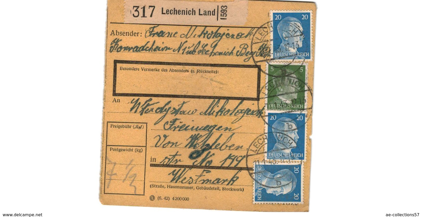 Allemagne  - Colis Postal  - Départ Lechenich Land  - 11-1-43 - Lettres & Documents