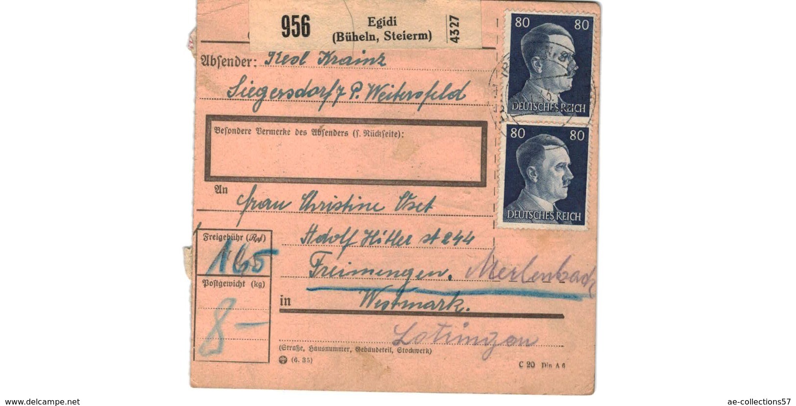 Allemagne  - Colis Postal  - Départ Egidi ( Büheln , Steierm ) - Briefe U. Dokumente