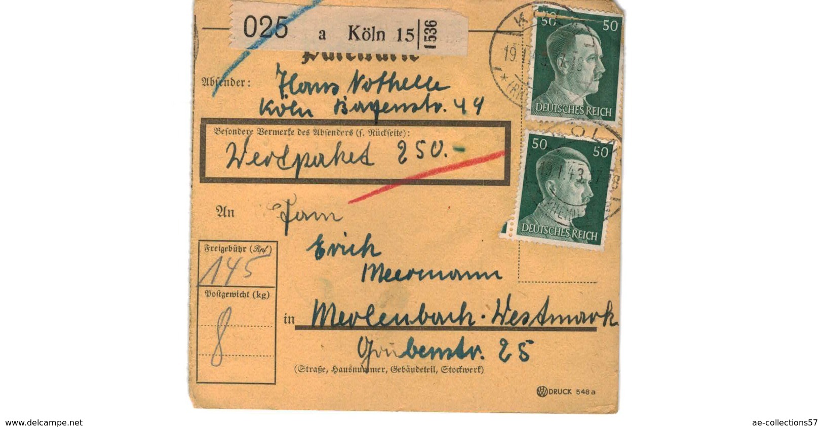 Allemagne  - Colis Postal  - Départ Köln    - 19-1-43 - Briefe U. Dokumente