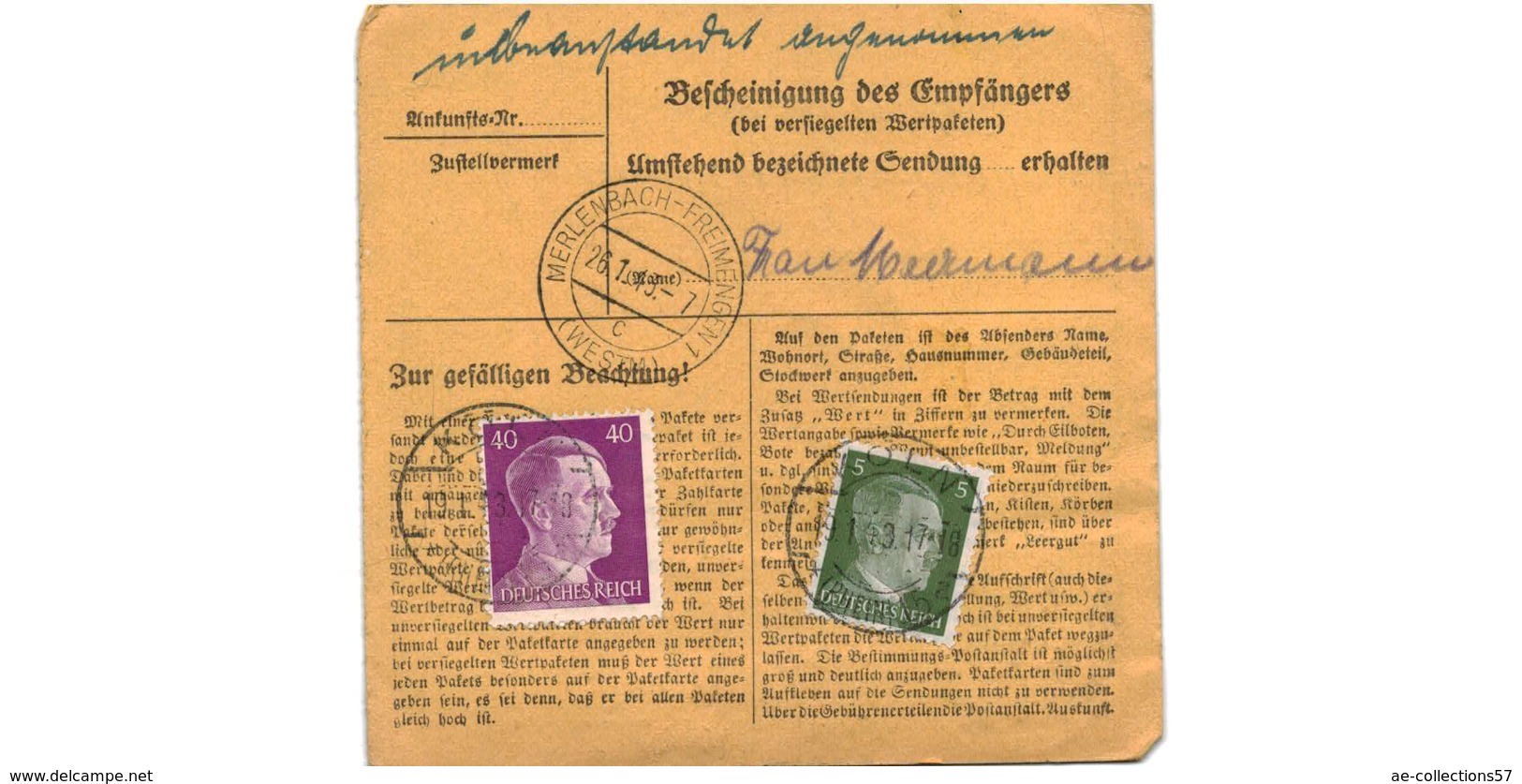 Allemagne  - Colis Postal  - Départ Köln    - 19-1-43 - Briefe U. Dokumente