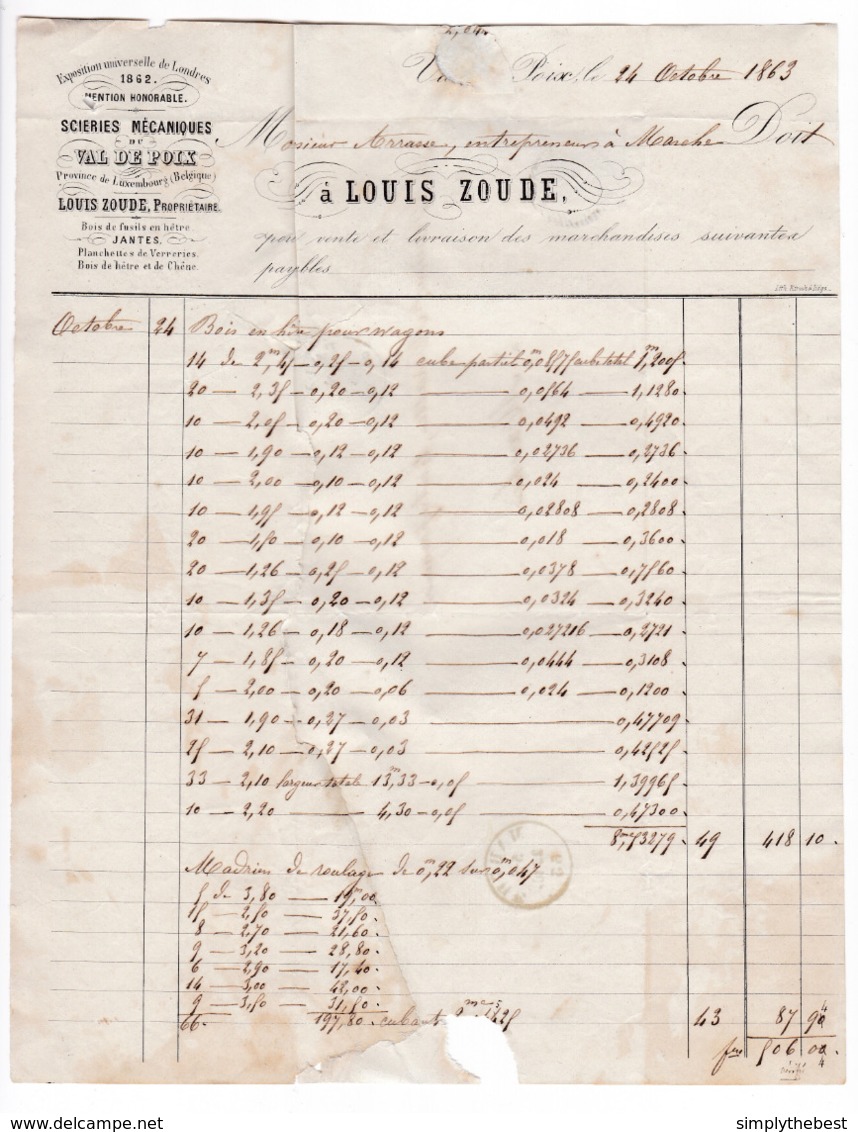 897/29 - Lettre TP 14 Médaillon Barres Distribution 123 POIX 1863 Vers MARCHE - Superbe Entete Scieries Mécaniques Zoude - 1863-1864 Medaillons (13/16)