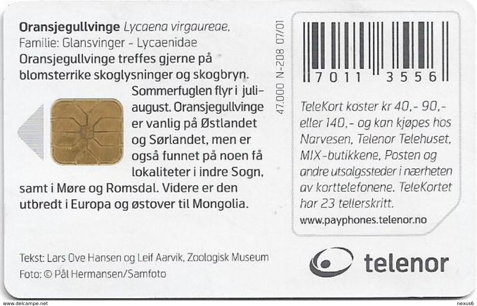 Norway - Telenor - Oransjegullvinge  Butterfly - N-208 - 07.2001, 47.000ex, Used - Norwegen