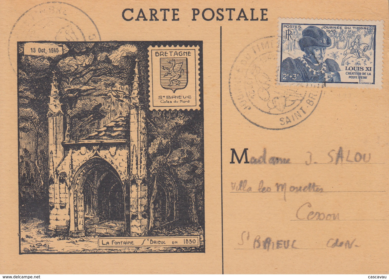 Carte  Locale   1er  Jour   FRANCE   JOURNEE  Du   TIMBRE     SAINT  BRIEUC    1945 - Giornata Del Francobollo