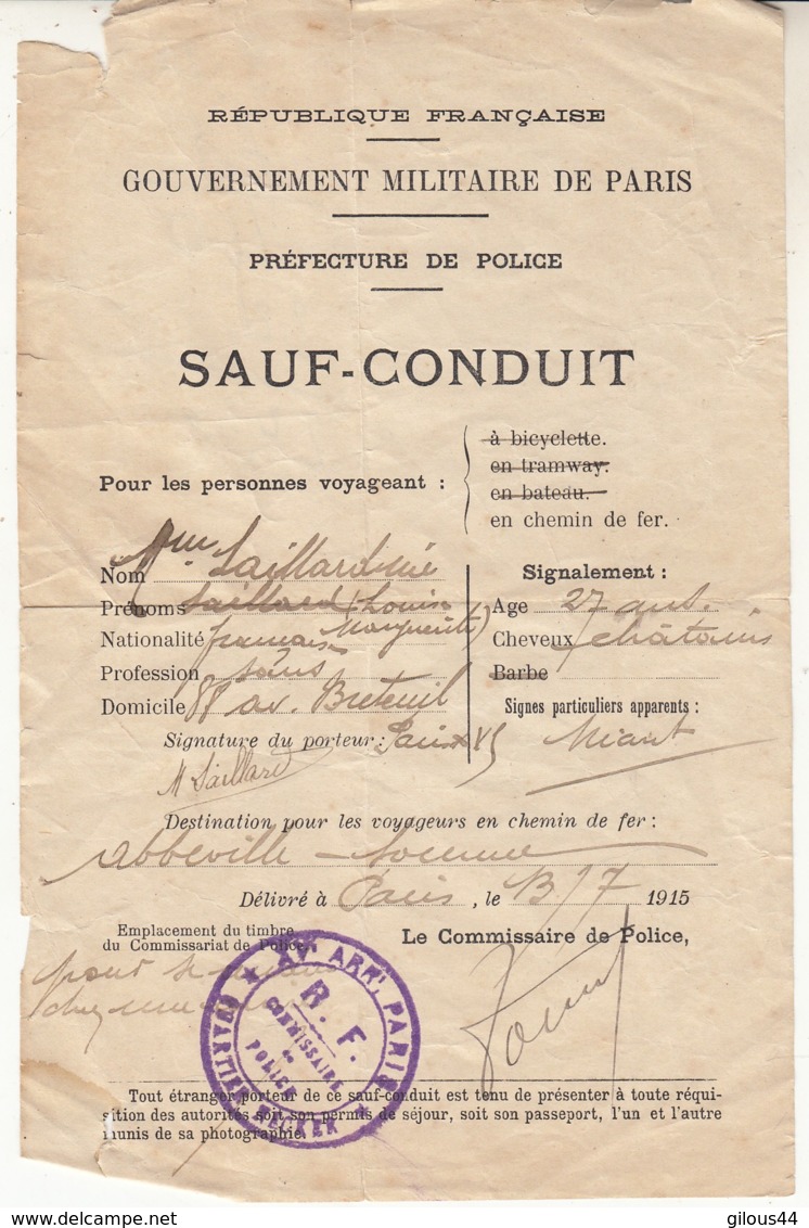 Sauf Conduit 1915  Pour Abbeville - 1914-18