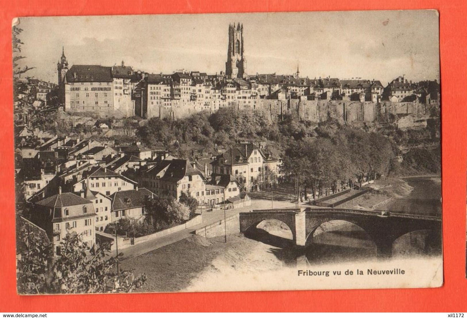 MYB-22 Fribourg Vue De La Neuveville, Sarine, Vieille Ville Et Cathédrale, Circulé, 1923  Burgy 1102 - Fribourg