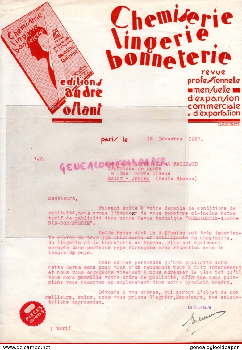 75- PARIS- CHEMISERIE LINGERIE BONNETERIE- EDITIONS ANDRE OLLANT REVUE PROFESSIONNELLE -LETTRE 1927 - Imprimerie & Papeterie