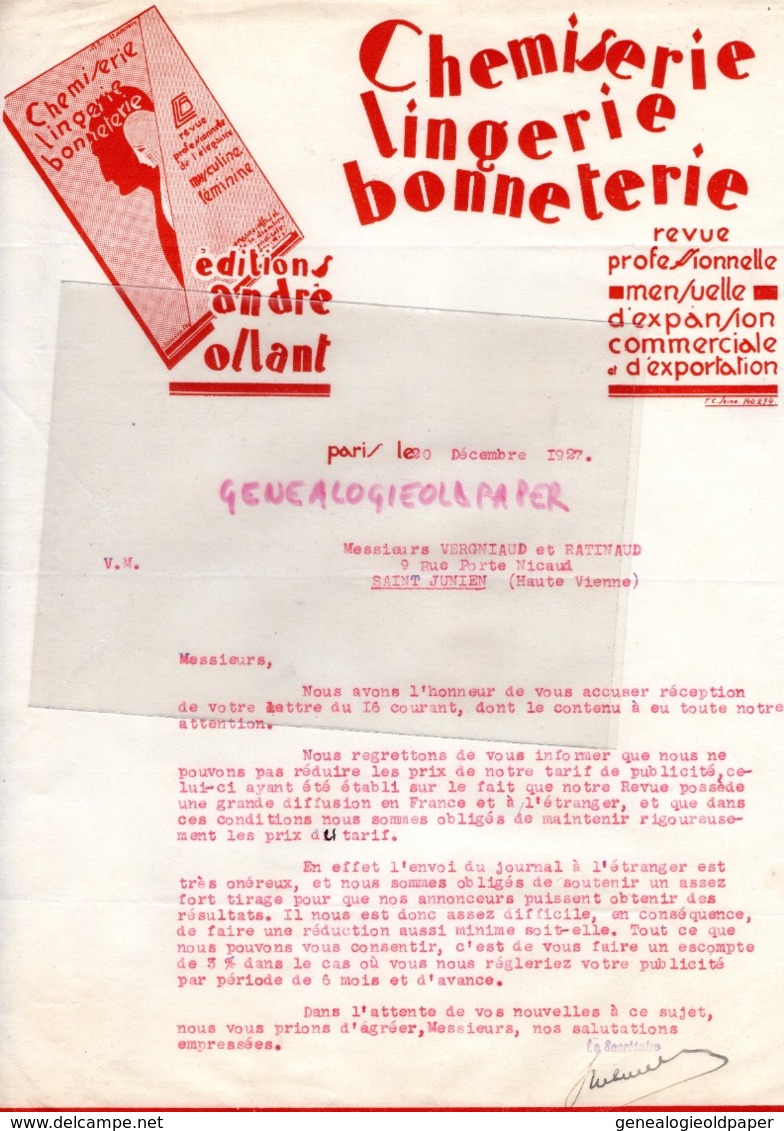 75- PARIS- CHEMISERIE LINGERIE BONNETERIE- EDITIONS ANDRE OLLANT REVUE PROFESSIONNELLE -LETTRE 1927 - Druck & Papierwaren