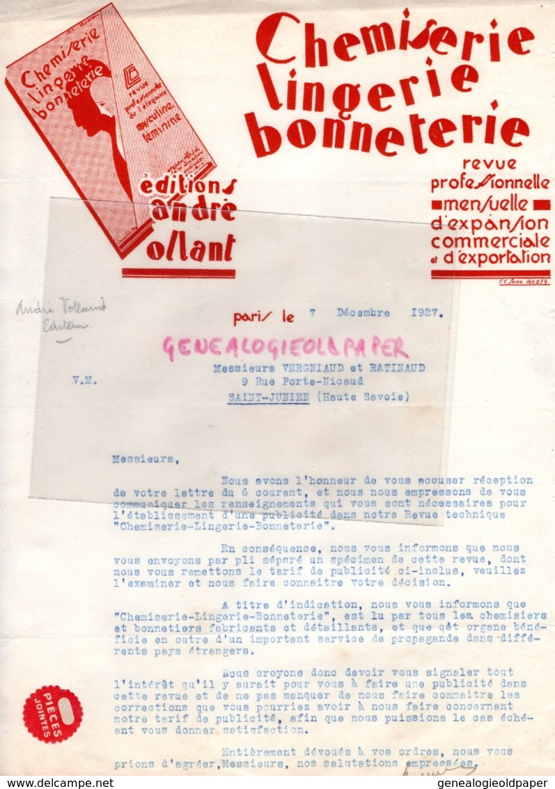 75- PARIS- CHEMISERIE LINGERIE BONNETERIE- EDITIONS ANDRE OLLANT REVUE PROFESSIONNELLE -LETTRE 1927 - Druck & Papierwaren