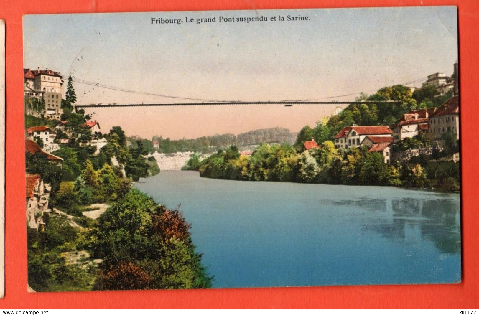 MYB-28 Fribourg Le Grand Pont Suspendu Et La Sarine.. Burgy 99. Circulé 1921 - Fribourg