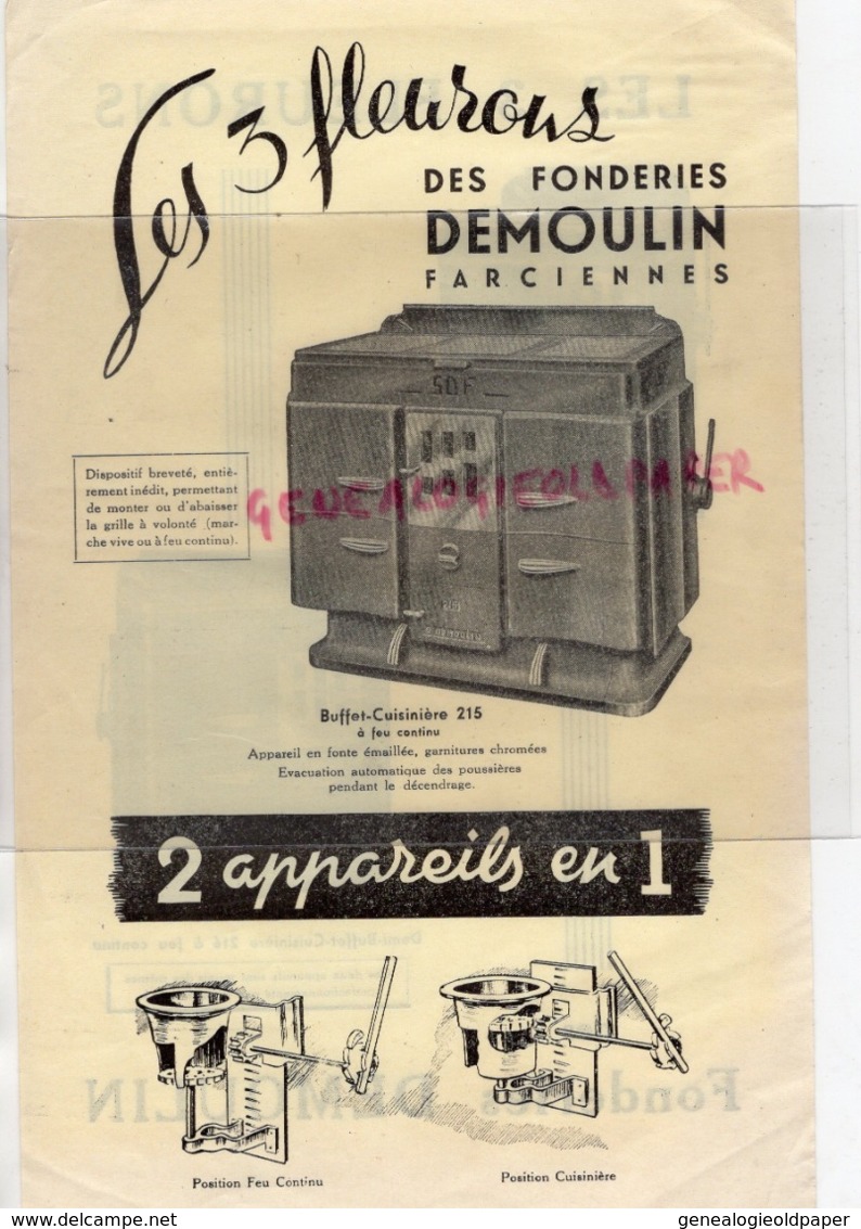 BELGIQUE- PUBLICITE LES 3 FLEURONS DES FONDERIES DEMOULIN - FARCIENNES- FONDERIE- CUISINIERE DRESSOIR - - Ambachten