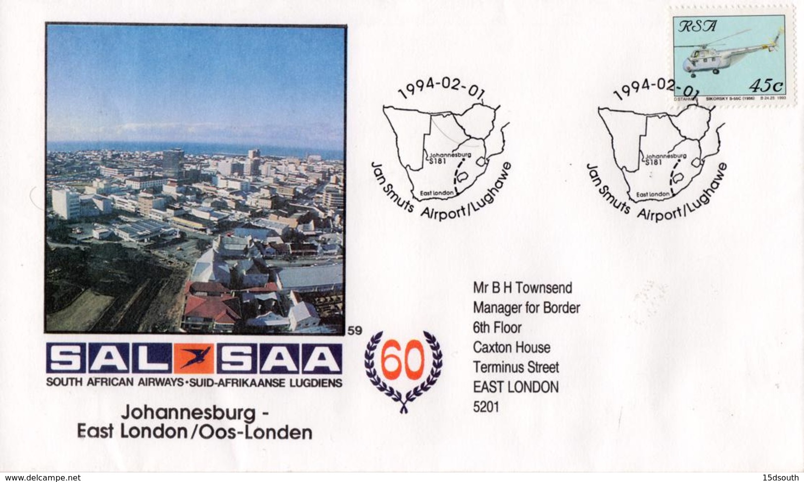 South Africa - 1994 60th Anniversary Of SAA No. 59 Johannesburg-East London Cover - Elicotteri