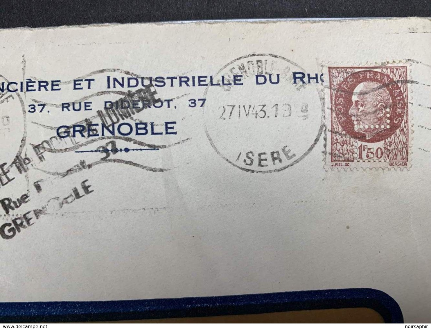 27.04.1943 PETAIN PERFIN FL S/ LETTRE SOCIETE FONCIERE ET INDUSTRIELLE RHONE GRENOBLE PERF PERFORÉ CACHET - Otros & Sin Clasificación