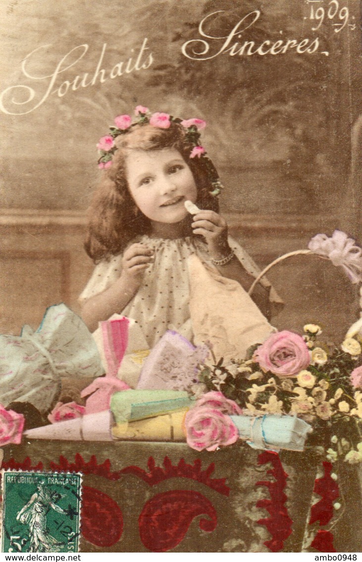 SOUHAITS SINCERES 1909 FILLETTE Dragées Bonbons Fleurs . éditeur Bergeret I.R.N. état Voir Scan - Bergeret