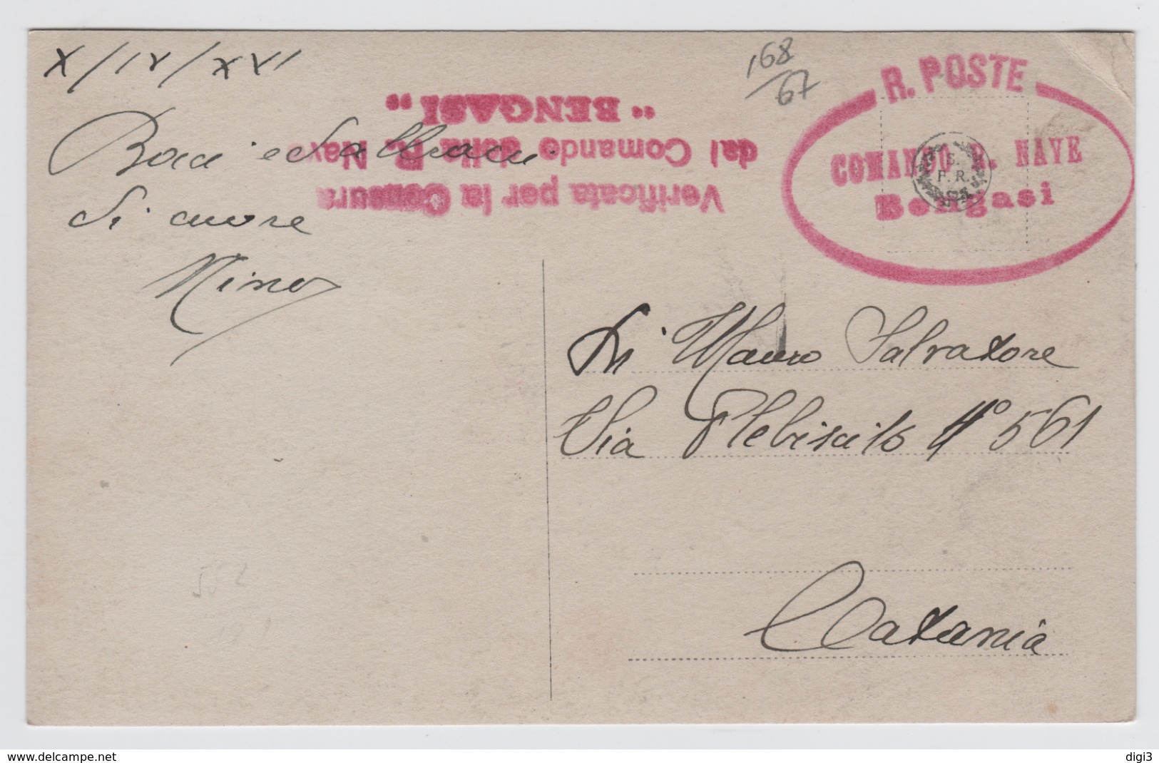 Italia, 1916, Franchigia R. Poste Comando Regia Nave Bengasi, Verificato Per Censura, Su Cartolina Fantasia Per Catania - Franchigia