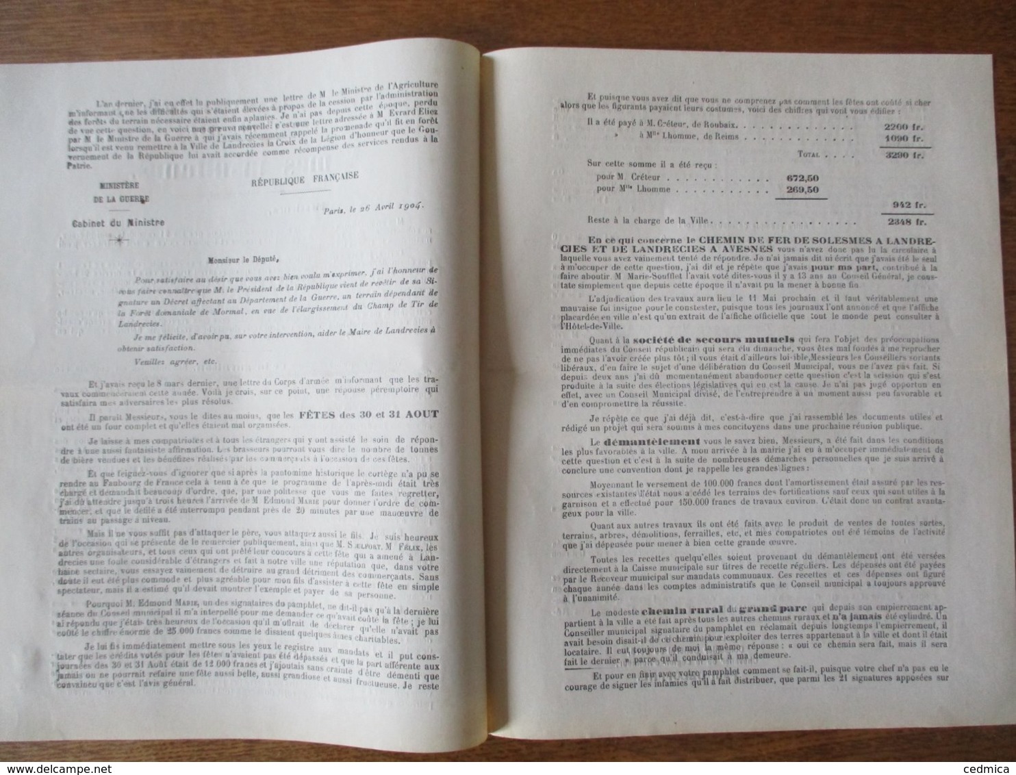 LANDRECIES ELECTIONS MUNICIPALES DU 1er MAI 1904 COURRIER DE PAUL DELOFFRE MAIRE "A MES INSULTEURS" - Documents Historiques