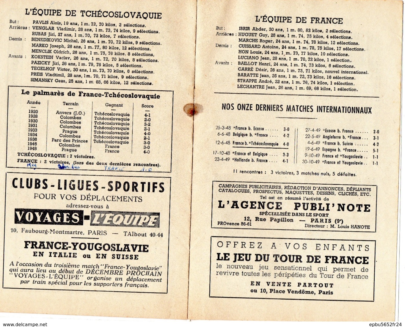 Programme Officiel De La FFF Du 13 Nov 1949 FRANCE- TCHECOSLOVAQUIE Au Stade De Colombes - Libros