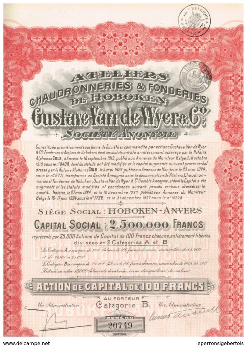 Titre Ancien - Ateliers - Chaudronneries & Fonderies De Hoboken Gustave Van De Wyer - Titre De 1927- S.A. - Industrie