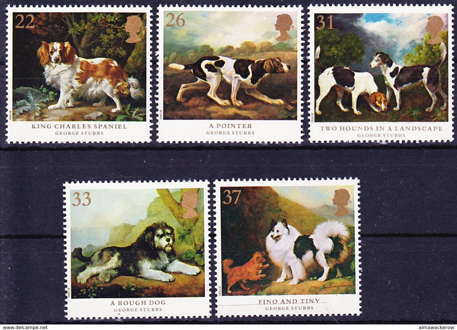 2019-0218 UK 1991 Dog Paintings (George Stubbs) Complete Set Mi 1305-1309 MNH ** - Ungebraucht