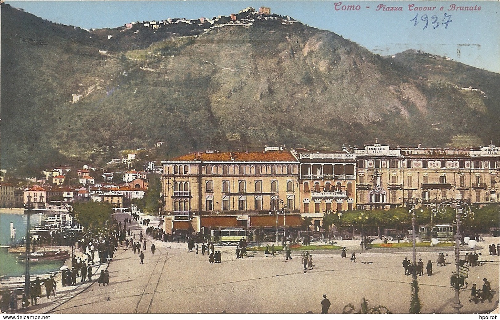 COMO - PIAZZA CAVOUR E BRUNATE - ANIMATISSIMA - FORMATO PICCOLO - VIAGGIATA 1937 - (rif. R14) - Como