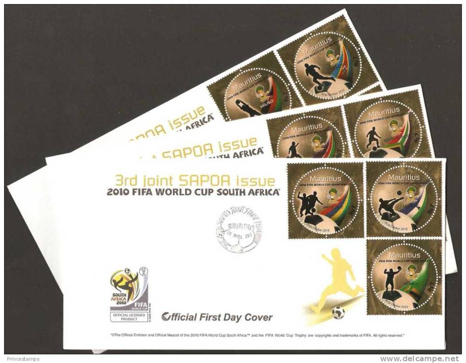 Mauritius (2010)  - 3 FDC - GOLD  -   /  Joint Issue - SAPOA - Soccer - Futbol - Calcio - Football - World Cup - Otros & Sin Clasificación