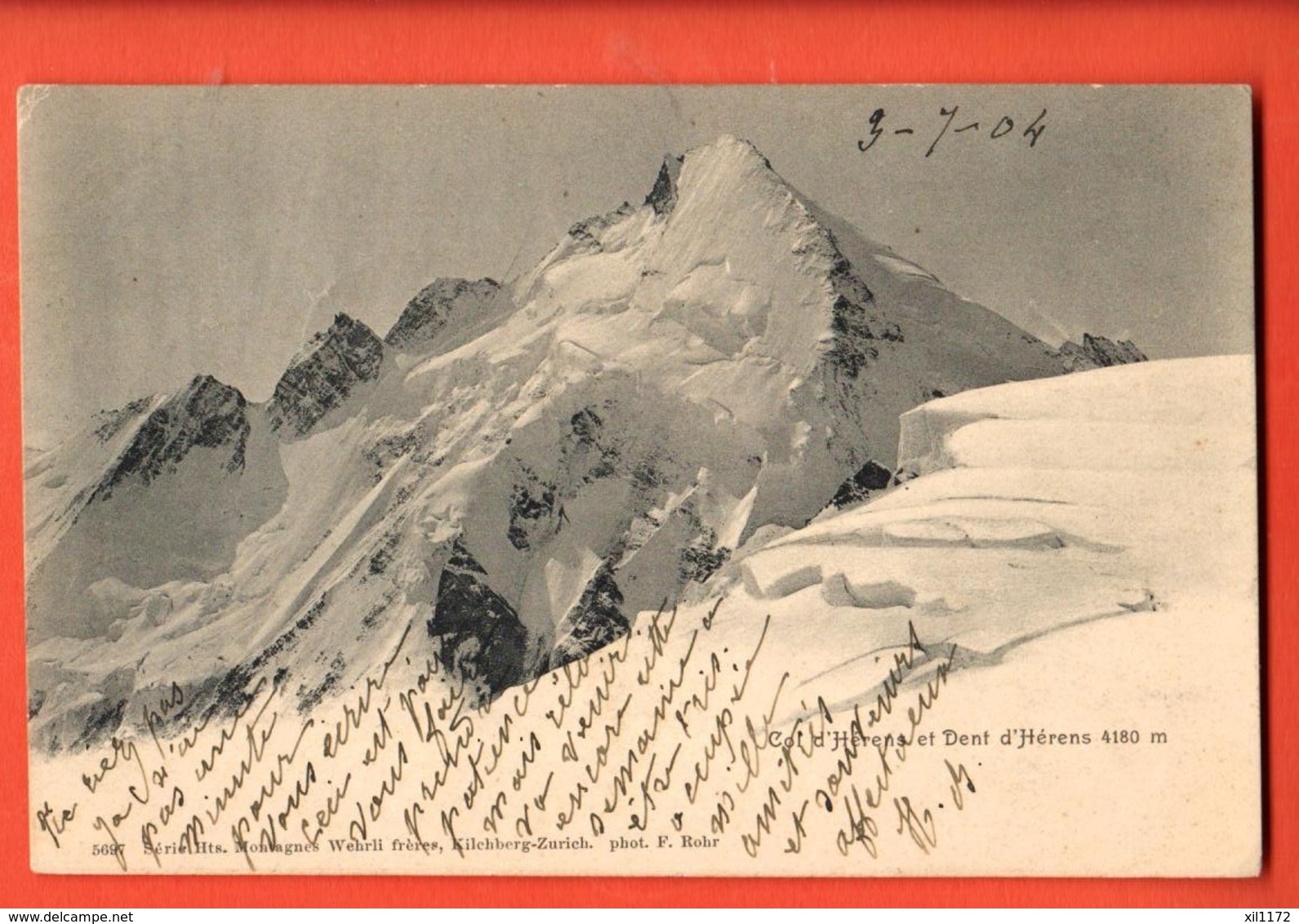 MTT-21 Col D`Hérens Et Dent D'Hérens , Wehrli 5697 Précurseur, Circulé 1904 Vers Lyon, Timbre Déchirré - Other & Unclassified