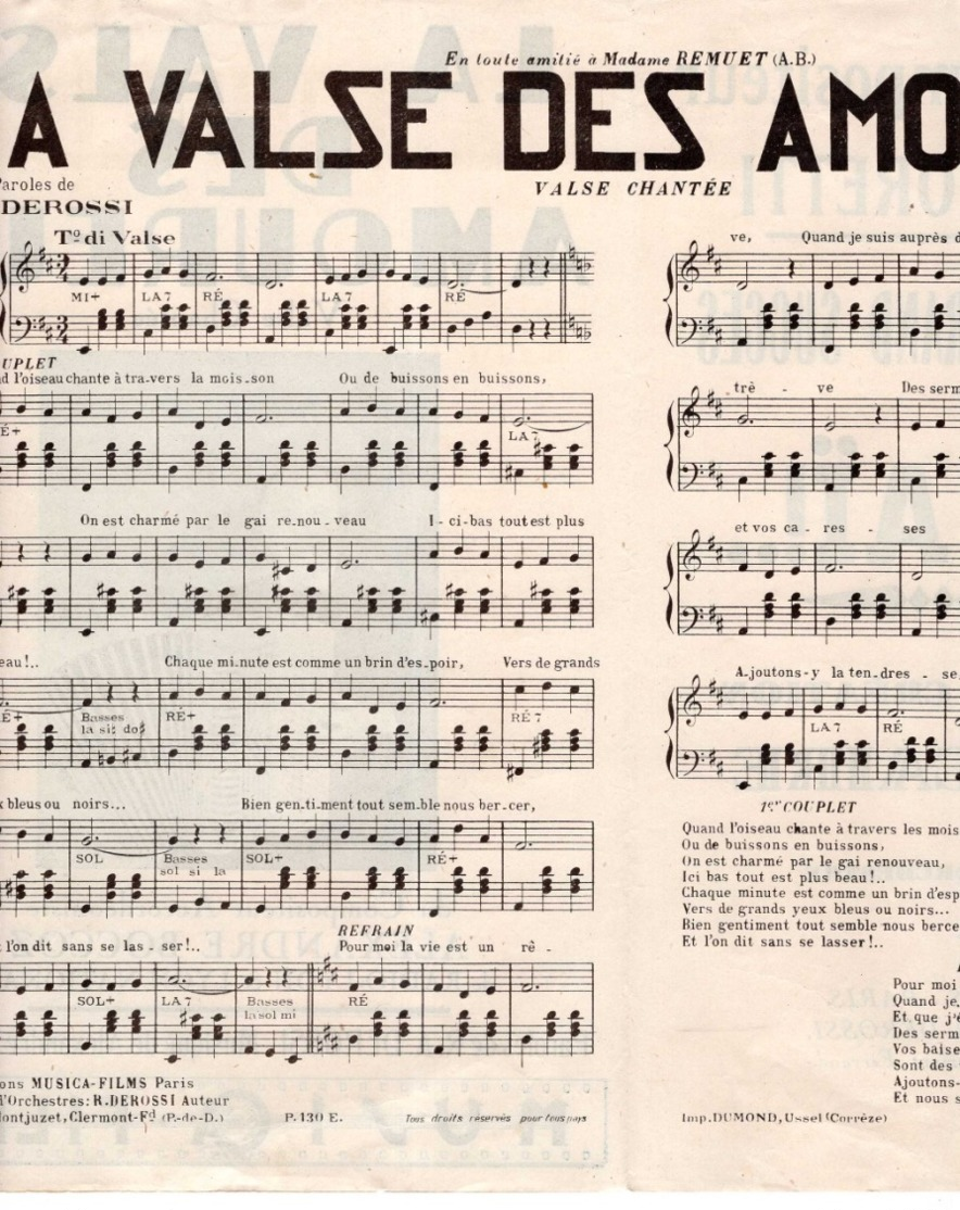 40 60 VALSE ACCORDÉON PARTITION ALEXANDRE BOCCOZ LYON LA VALSE DES AMOUREUX DEROSSI REMUET ±1948 PIANO GUITARE - Autres & Non Classés