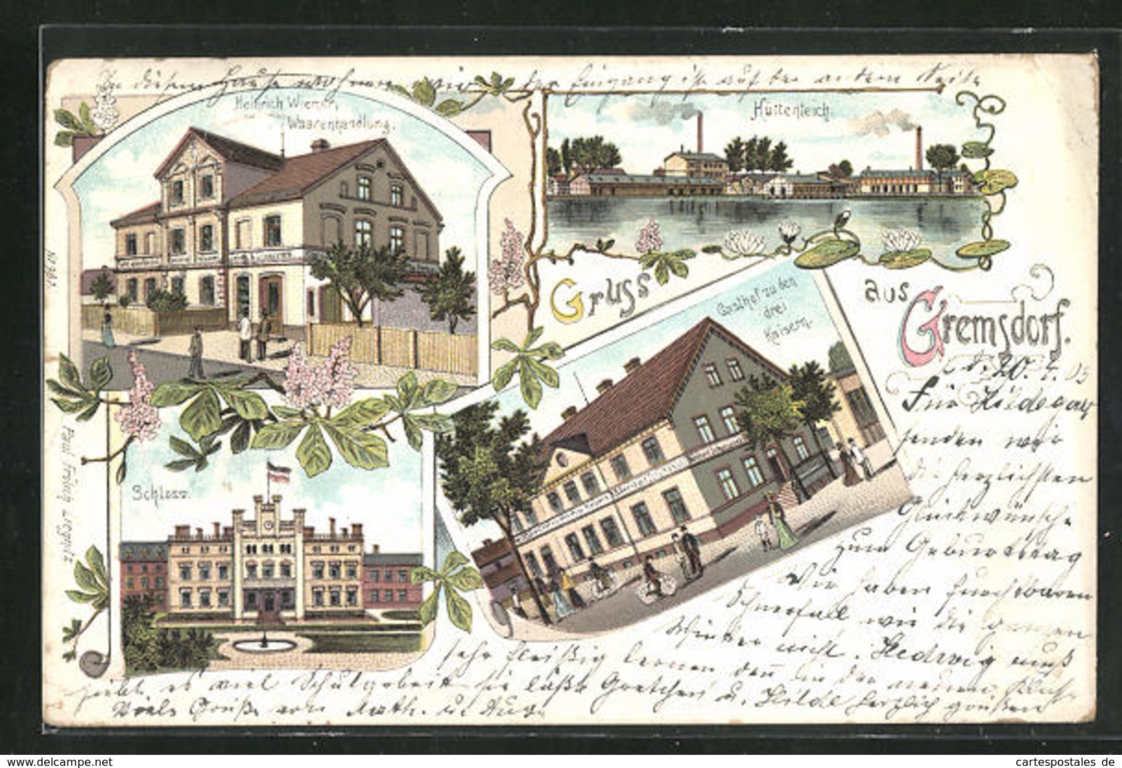 Lithographie Gremsdorf, Gasthof Zu Den Drei Kaisern, Heinrich Wiemer Waarenhandlung, Hüttenteich - Schlesien
