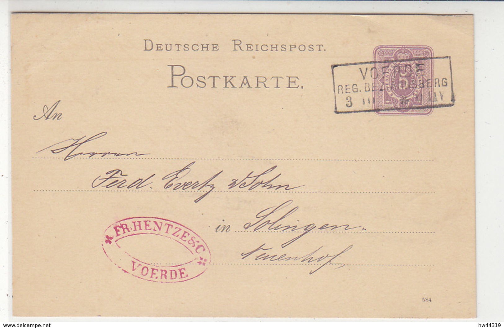 Karte Mit Kastenstempel Ais VOERDE Reg.Bez.Arnsberg 3.III (84) Nach Solingen - Briefe U. Dokumente