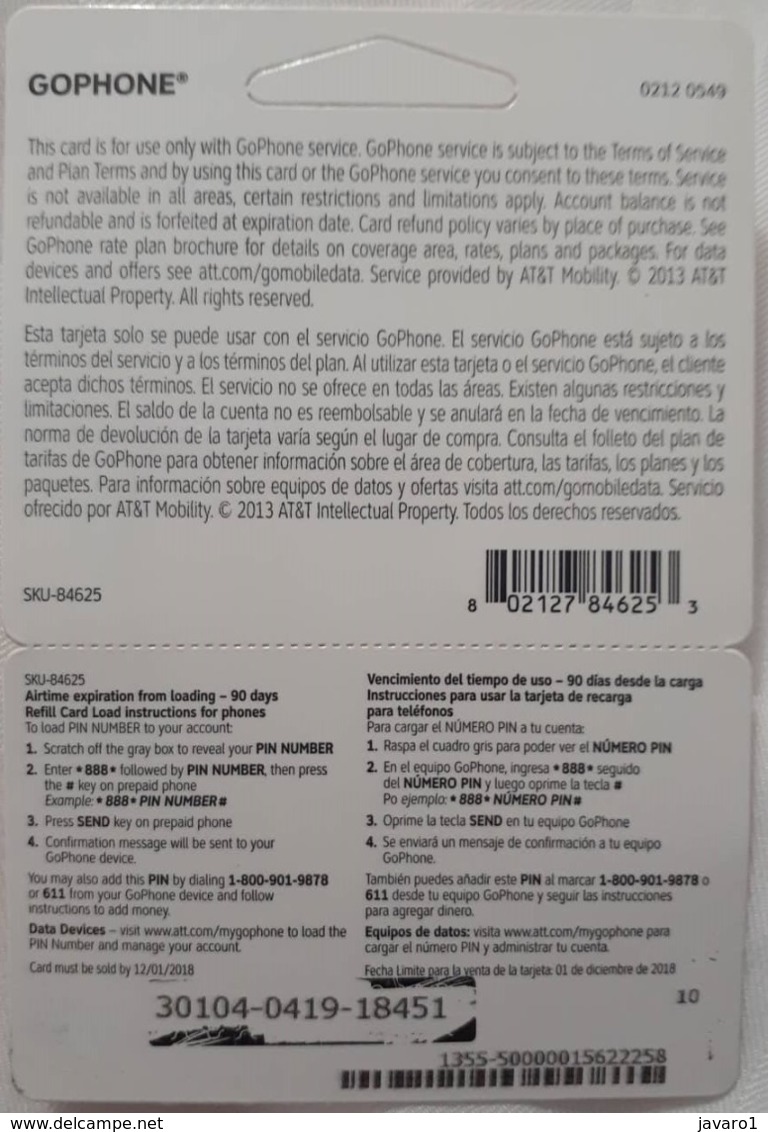 US VIRGIN ISLANDS At&T Go Phone $25 Refill Exp. 01/DEC/2018  Used - Vierges (îles)