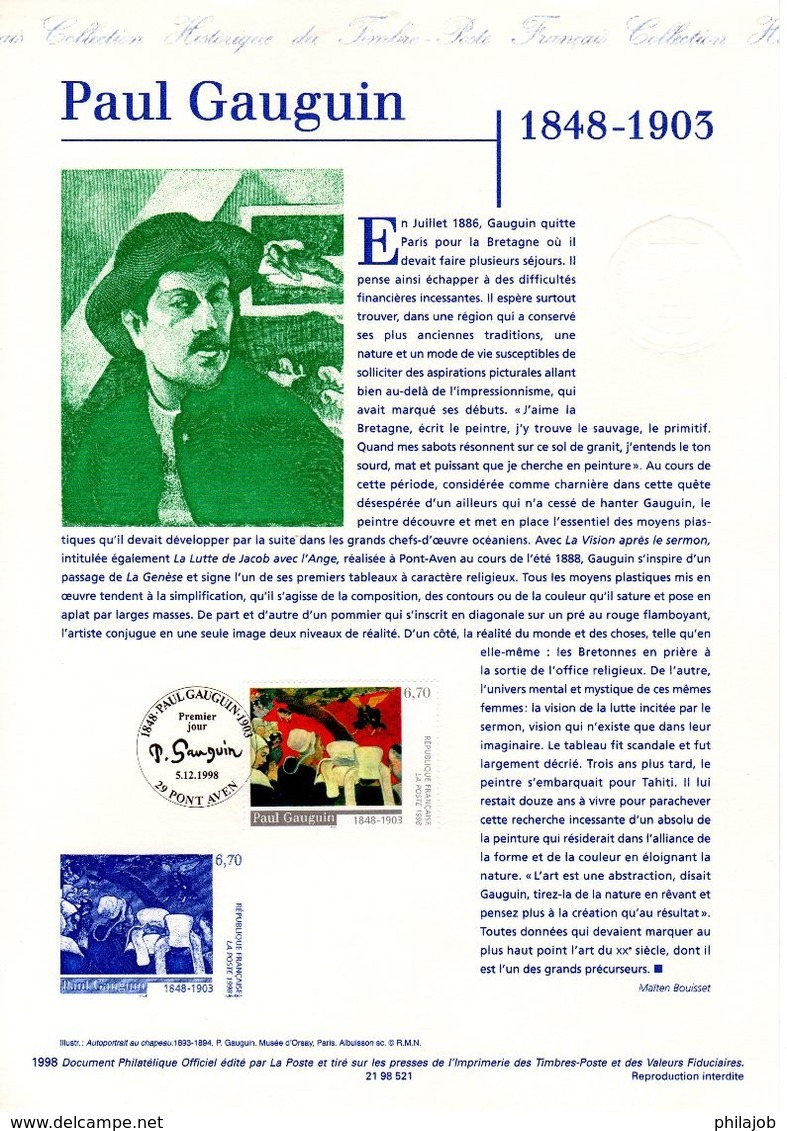 " PAUL GAUGUIN " Sur Document Philatélique Officiel De 1998.  N° YT 3207. Parfait état. DPO - Documents Of Postal Services