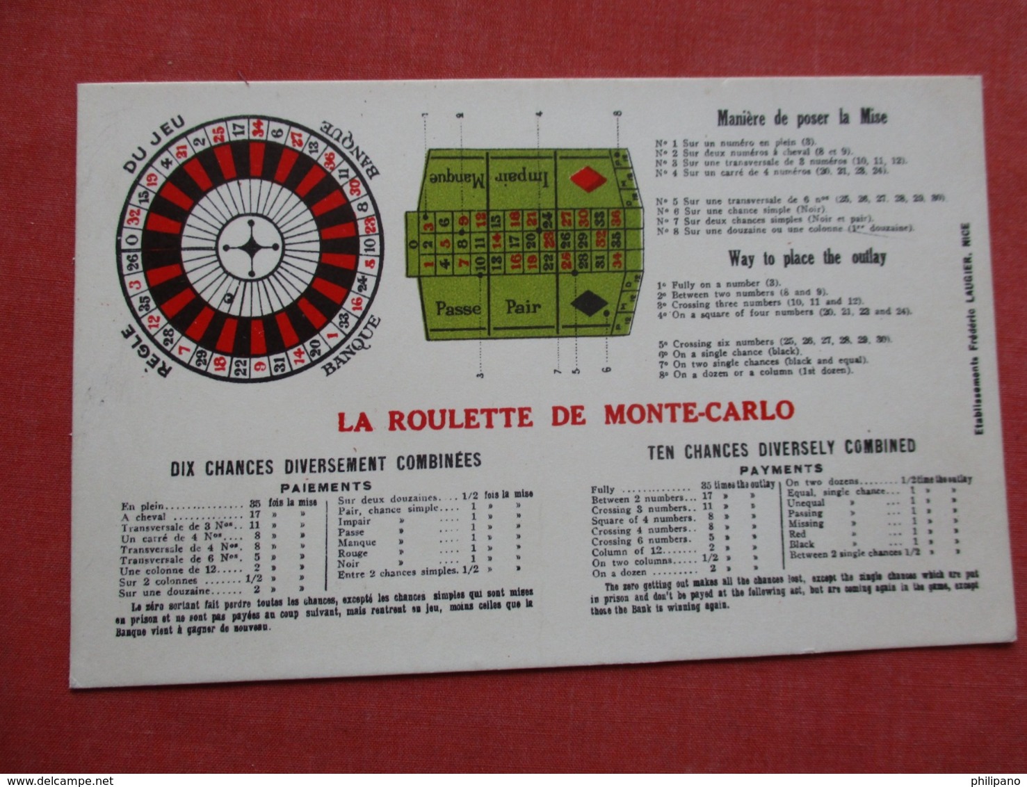 La Roulette De Monte Carlo    English & French  Rules   Ref   3606 - Other & Unclassified