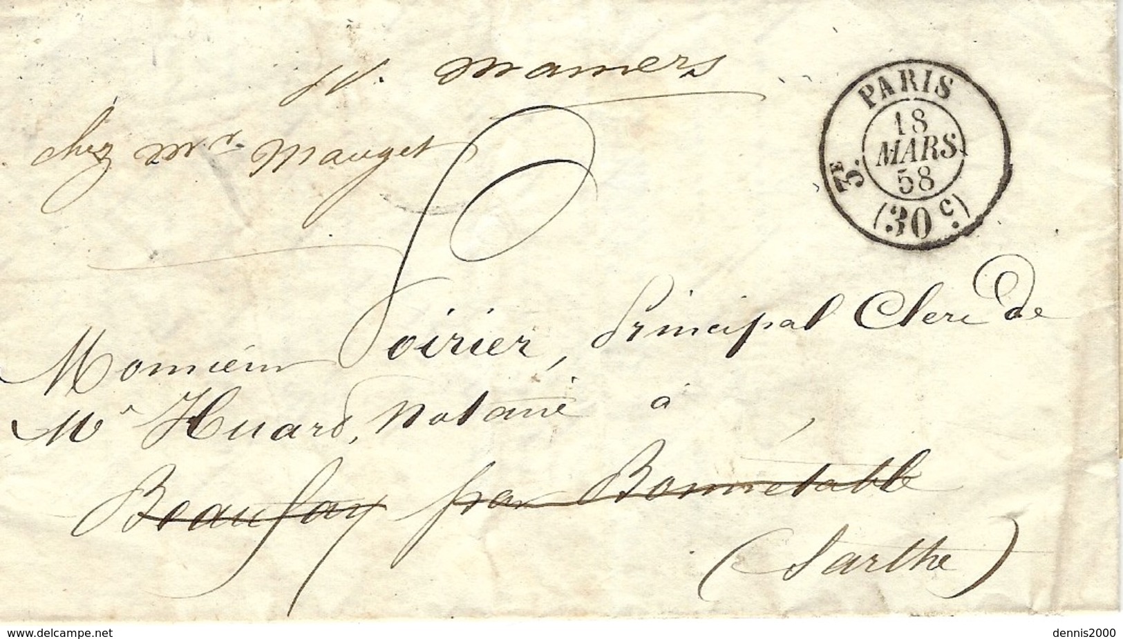 1858- Lettre En Port Du Cad N°2526-  3ème  échoppé à Droite De Paris Pour La Sarthe - 1849-1876: Classic Period