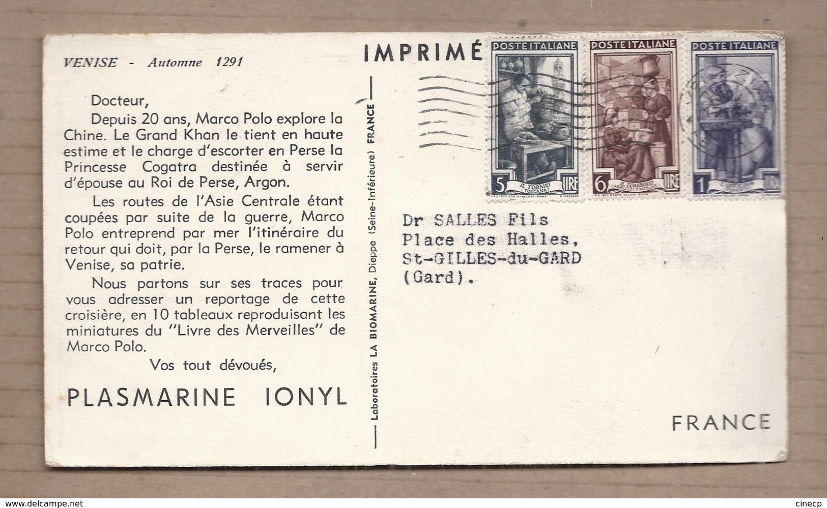 CPSM Publicité - IONYL PLASMARINE Traces MARCO POLO TB CARTE Géographique EUROPE + TIMBRES ITALIE VENISE - Publicité