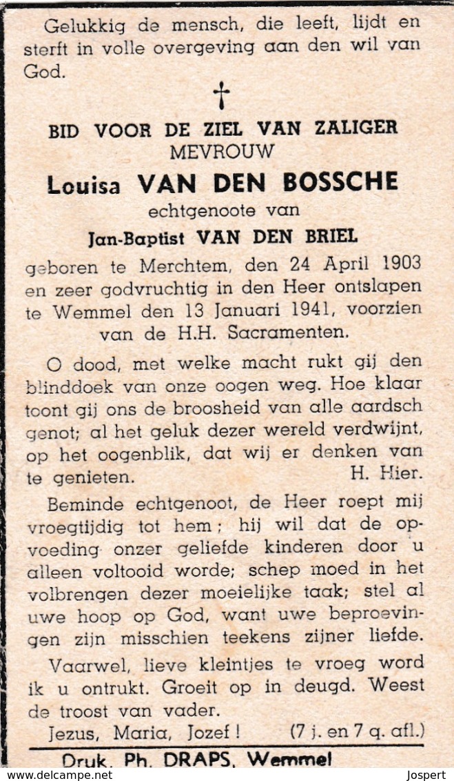 Merchtem, Wemmel, 1941, Louisa Van Den Bossche, Van Den Briel - Images Religieuses