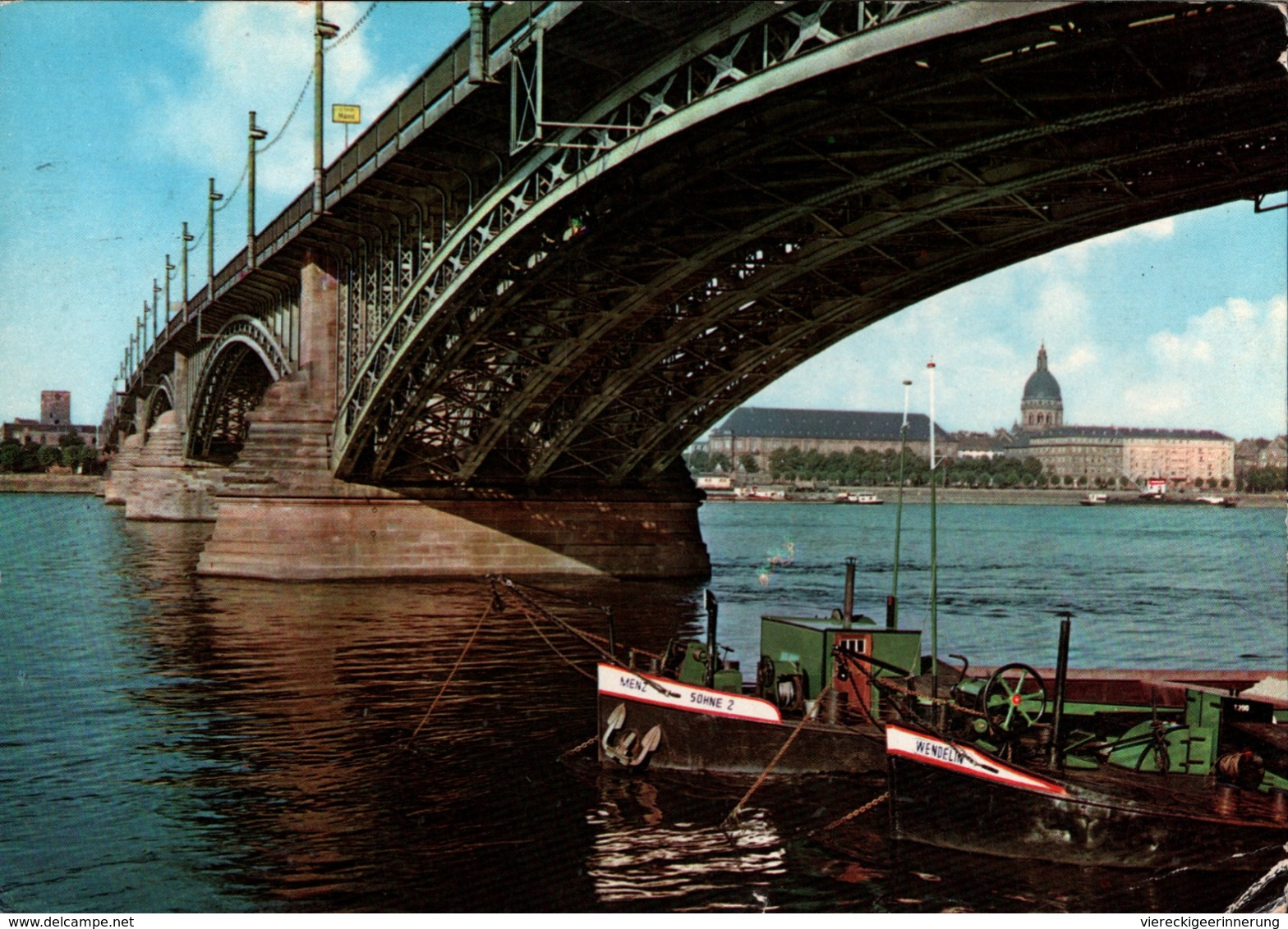 !  1968 Ansichtskarte Mainz, Rheinbrücke, Bridge, Pont, Binnenschiffe, Ships, Maschinenwerbestempel - Brücken