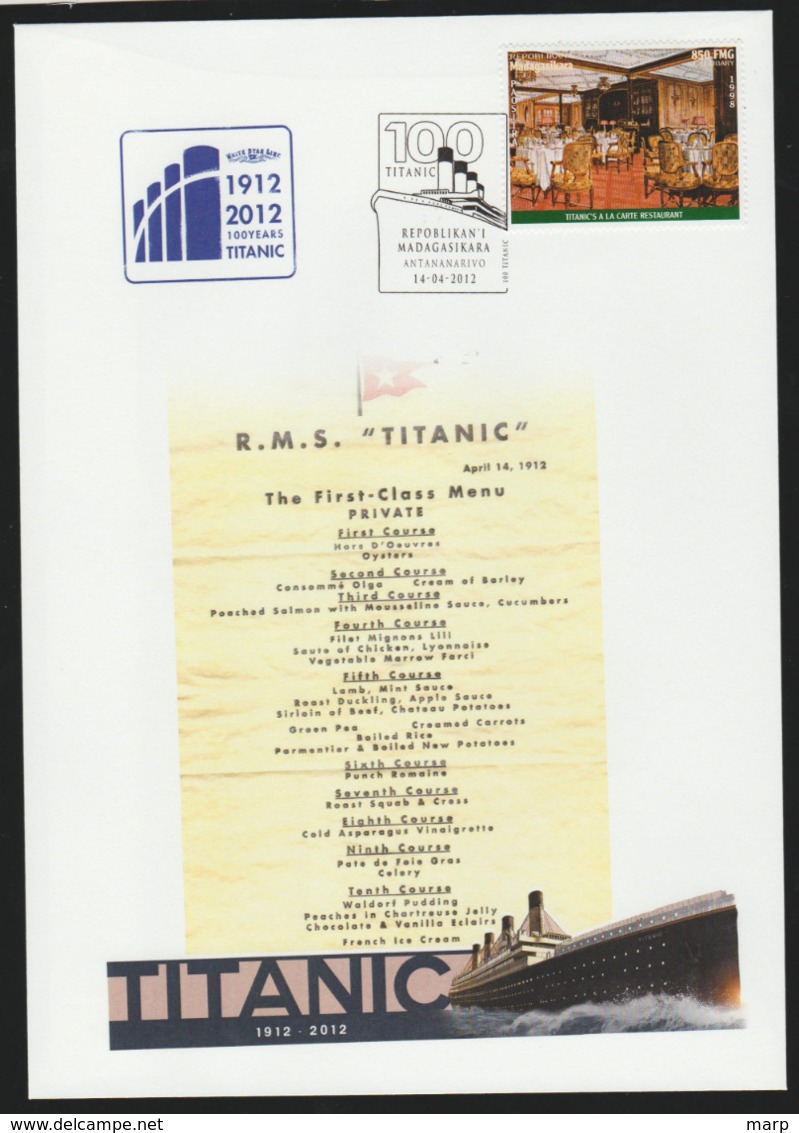 Titanic Cover 2012 Madagasikara Special Cancel 100 Years Of. - Boten