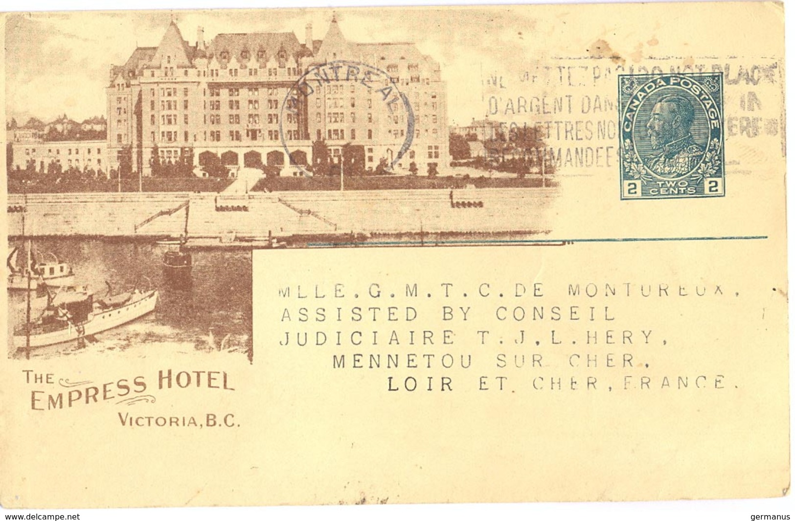 CANADA ENTIER PERSONNALISÉ CANADIAN PACIFIC RAILWAY COMPANY EMPRESS HOTEL VICTORIA - MONTREAL 28-7-1924 - Andere & Zonder Classificatie