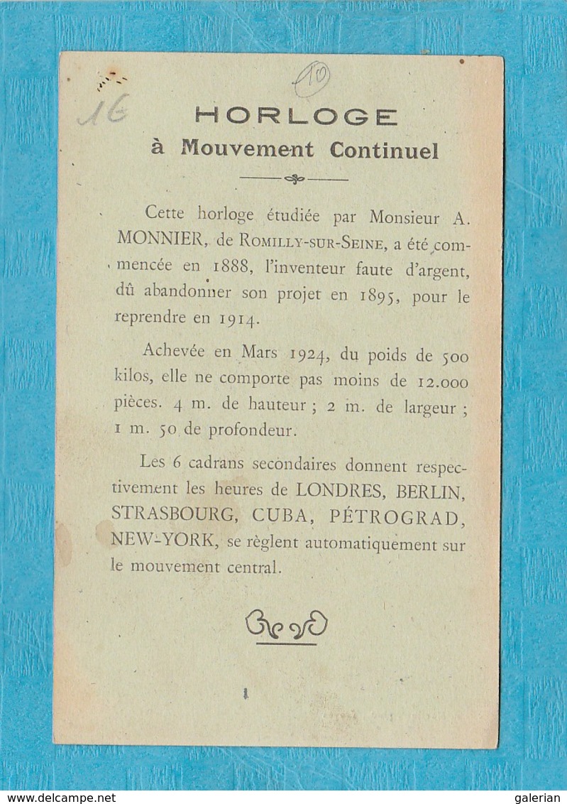 Romilly-sur-Seine. - Horloge à Mouvement Continuel. Commencé à 1888 Conçu Et Exécuté Par L'Inventeur A. Monnier. - Romilly-sur-Seine