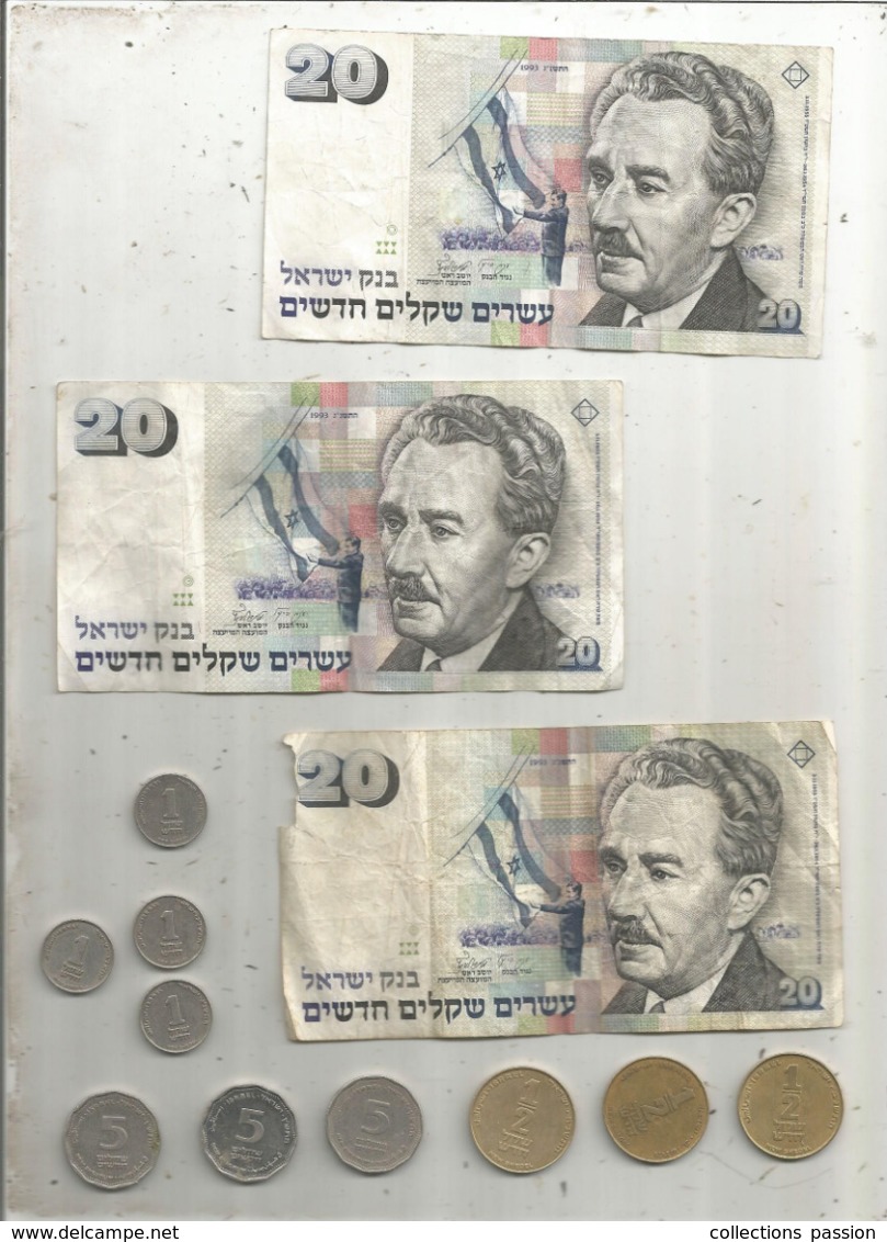 ISRAEL , LOT DE 3 BILLETS DE 20 NEW SHEQALIM , 1993+ 10 Monnaies, 2 Scans - Vrac - Billets