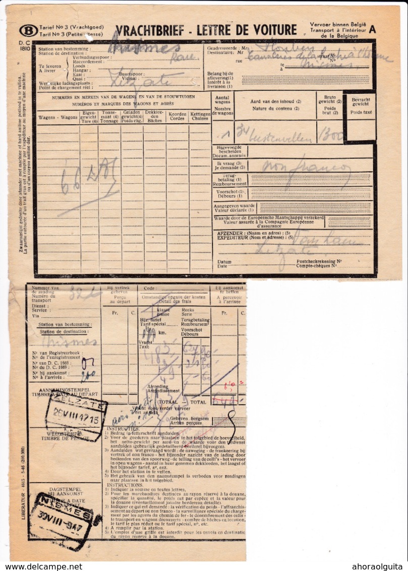 29/907 -- Lettre De Voiture Gare De ZELZATE 1947 Vers NISMES Racc. - Expéditeur Van Laere Zelzate - Autres & Non Classés
